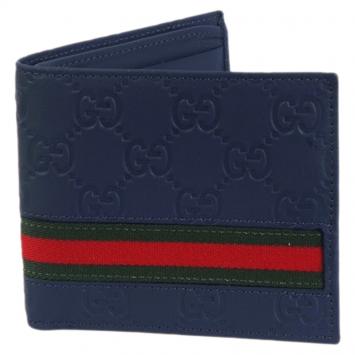 Pre Owned Gucci Blue Guccissima Leather and Web Detail Bi-Fold Wallet