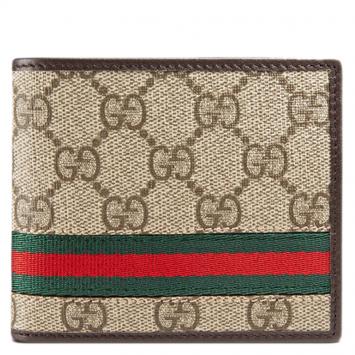 Pre Owned Gucci Brown GG Supreme Canvas and Leather Web Detail Coin Pouch Bi-Fold Wallet