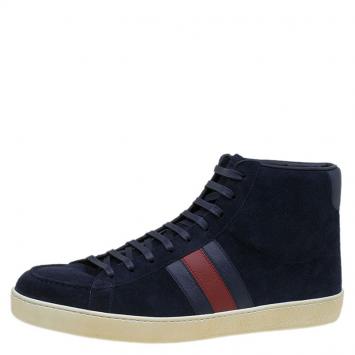 Pre Owned Gucci Navy Blue Suede Web Detail High Top Sneakers Size 43.5