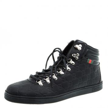 Pre Owned Gucci Black Rubber And Leather High Top Sneakers Size 43.5