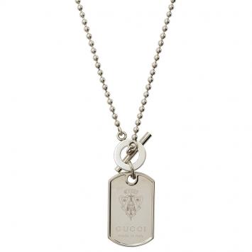Pre Owned Gucci Crest Engraved Sterling Silver Dog Tag Necklace