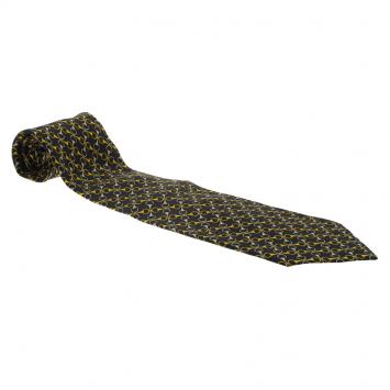 Pre Owned Gucci Navy Blue and Yellow Horsebit Print Silk Tie