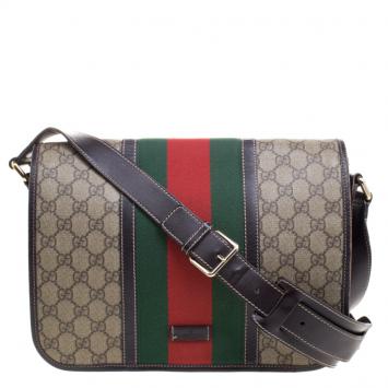 Pre Owned Gucci Beige/Brown GG Supreme Canvas Web Messenger Bag