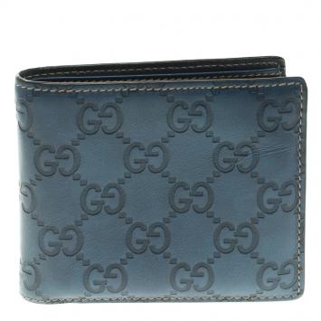 Pre Owned Gucci Blue Guccissima Leather Bifold Wallet