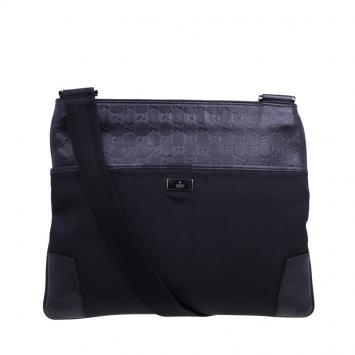 Pre Owned Gucci Black Guccissima Leather/Canvas Flat Messenger Bag
