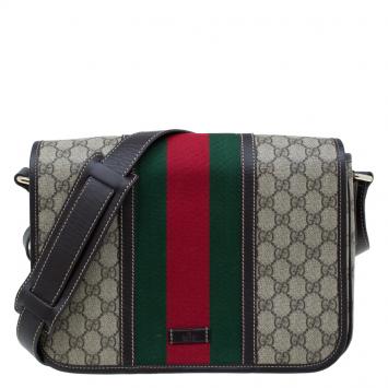 مملوكة مسبقًا Gucci Brown GG Supreme Coated Canvas and Leather Web Detail Messenger Bag
