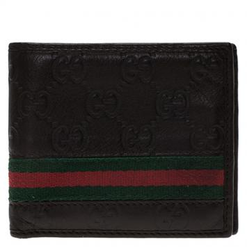 Pre Owned Gucci Dark Brown Guccissima Leather Web Bi Fold Wallet