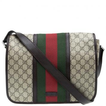 Pre Owned Gucci Beige/Brown GG Supreme Canvas Web Messenger Bag