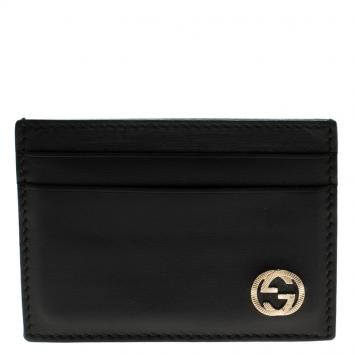 Pre Owned Gucci Black Leather GG Logo Card Holder