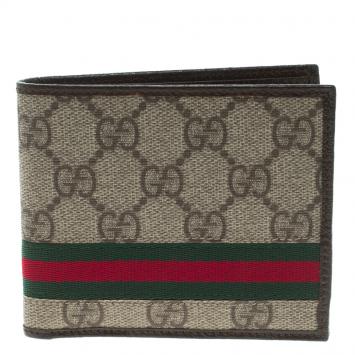 Pre Owned Gucci Beige GG Supreme Canvas Web Bi Fold Wallet
