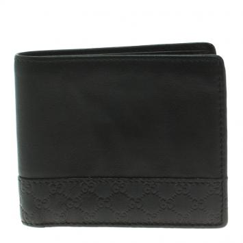 Pre Owned Gucci Black Leather Micro Guccissima  Trim Bi-Fold Wallet