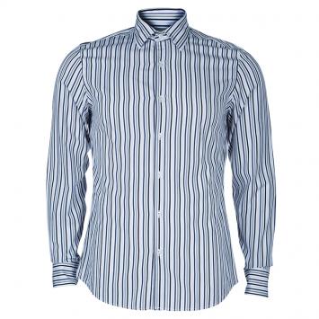Pre Owned Gucci Men's White and Blue Striped Shirt M