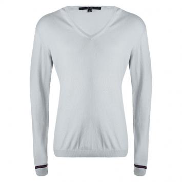 Pre Owned Gucci Grey V-Neck Stripe Detail Long Sleeve Sweater XL
