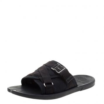 Pre Owned Gucci Black Guccissima Fabric Safety Buckle Slippers Size 41