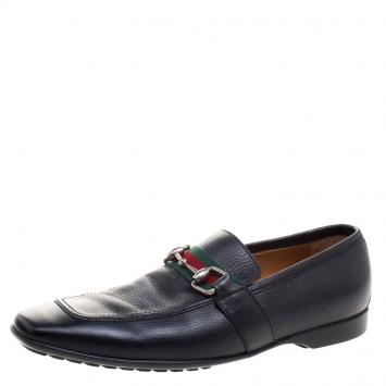 Pre Owned Gucci Black Leather Square Horsebit Web Detail Loafers Size 41.5