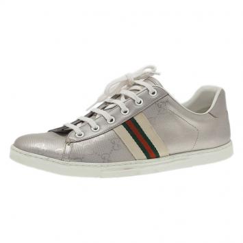 Pre Owned Gucci Silver Guccissima Leather and Canvas Web Detail Sneakers Size 40.5