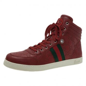 Pre Owned Gucci Red Guccissima Leather Web Detail High Top Sneakers Size 42.5