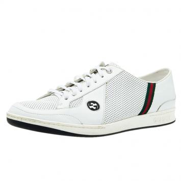 Pre Owned Gucci White Perforated Leather Web Detail Low Top Sneakers Size 44