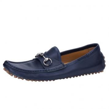 Pre Owned Gucci Blue Leather Horsebit Loafers Size 42.5