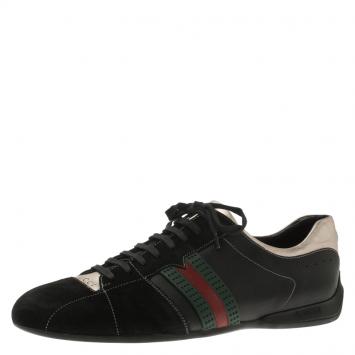 Pre Owned Gucci Gold and Black Leather and Suede Web Detail Sneakers Size 44.5