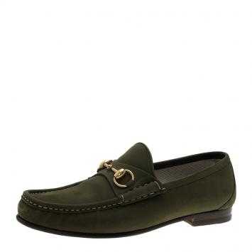 Pre Owned Gucci Green Nubuck Horsebit 1953 Loafers Size 39.5