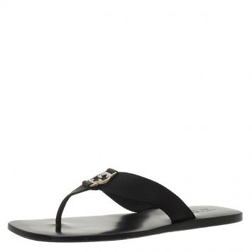 Pre Owned Gucci Black Leather and Webbing Interlocking GG Thong Sandals Size 42