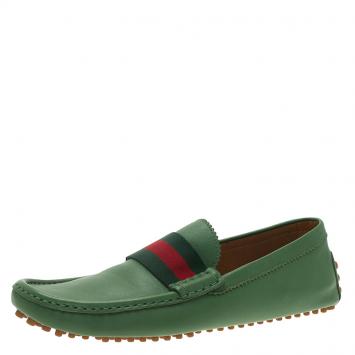 Pre Owned Gucci Green Leather Web Detail Loafers Size 43