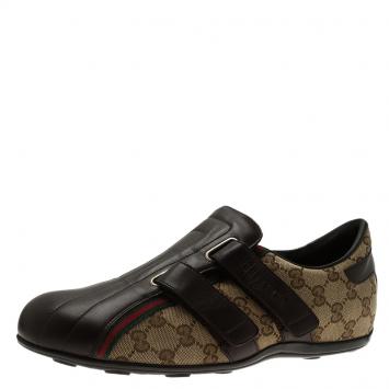 Pre Owned Gucci Brown Guccissima Canvas and Leather Velcro Sneakers Size 42.5