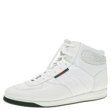 Pre Owned Gucci White Leather and Fabric  High Top Sneakers Size 44