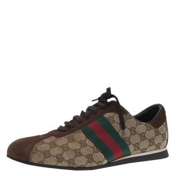 Pre Owned Gucci Beige Canvas and Suede Guccisima Web Detail Sneakers Size 43.5