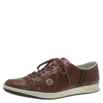 Pre Owned Gucci Brown Python Web Detail Sneakers Size 44