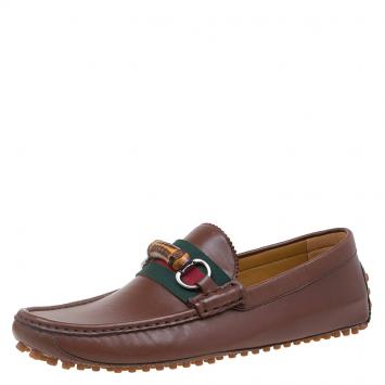 Pre Owned Gucci Brown Leather Bamboo Horsebit Web Detail Loafers Size 42