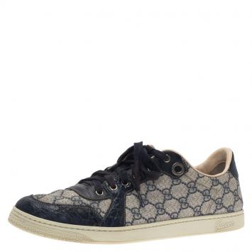 Pre Owned Gucci Blue GG Supreme Canvas and Crocodile Trim Sneakers Size 44