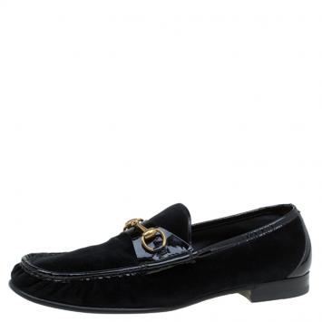 Pre Owned Gucci Black Velvet and Patent 1953 Horsebit Loafers Size 44.5