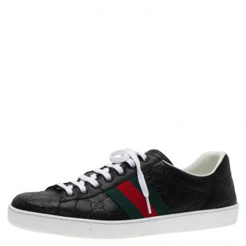 Pre Owned Gucci Black Guccissima Leather Web Detail Ace Sneakers Size 45.5