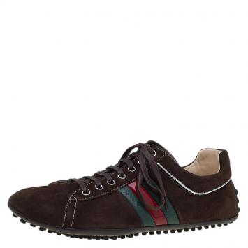 Pre Owned Gucci Brown Suede Web Detail Sneakers Size 42.5