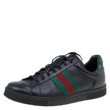 Pre Owned Gucci Black Leather Croc Trim Web Detail Ace Sneakers Size 43.5
