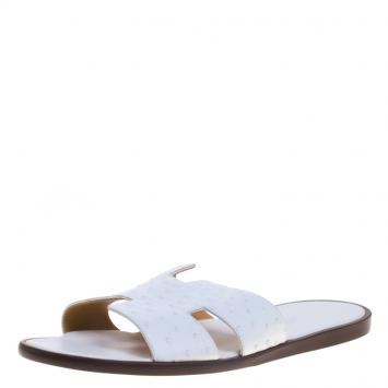 Pre Owned Hermes White Ostrich Izmir Sandals Size 44