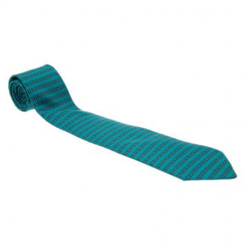Pre Owned Hermes Blue Printed Silk Skinny Tie 