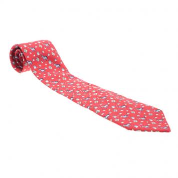 Pre Owned Hermes Red Zebra and Fish Print Silk Tie