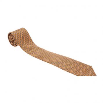 Pre Owned Hermes Orange & Grey Printed Silk Tie