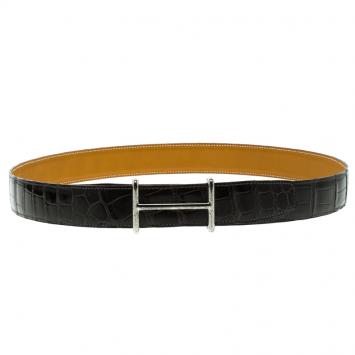 Pre Owned Hermes Black Porosus Crocodile Palladium Idem Belt 85 CM