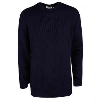 Pre Owned Hermes Navy Blue Chunky Knit Wool Contrast Trim Crew Neck Sweater 3XL