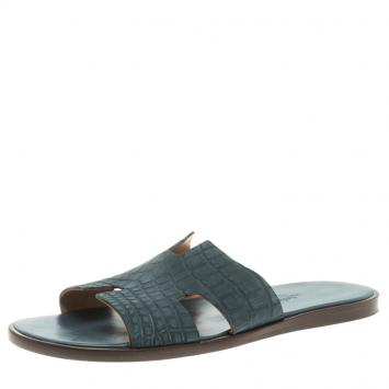 Pre Owned Hermes Slate Grey Croc Leather Izmir Sandals Size 43