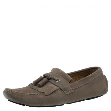 Pre Owned Jimmy Choo Beige Suede Eaton Tassel Fringe Loafers Size 43.5