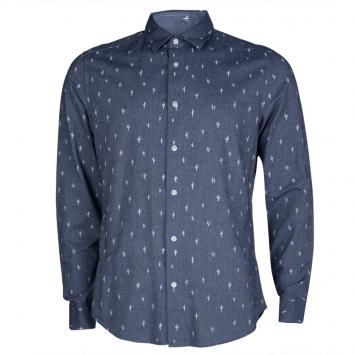 Pre Owned Kenzo Men's Indigo Chambray Cactus Print Long Sleeve Buttondown Slim Fit Shirt L