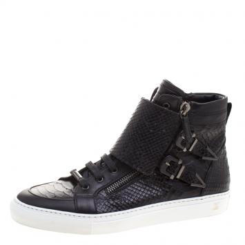 Pre Owned Le Silla Black Python Embossed Leather High Top Sneakers Size 41.5
