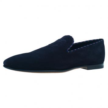 Pre Owned Louis Vuitton Navy Blue Suede Logo Smoking Slippers  Size 42.5