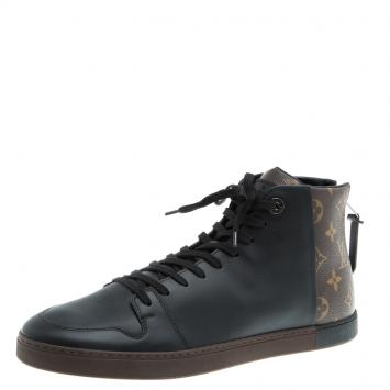 Pre Owned Louis Vuitton Black Leather and Monogram Canvas Line Up High Top Sneakers Size 42