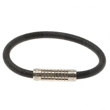 Pre Owned Louis Vuitton Digit Damier Ardoise Taiga Leather Silver Tone Bracelet 19cm